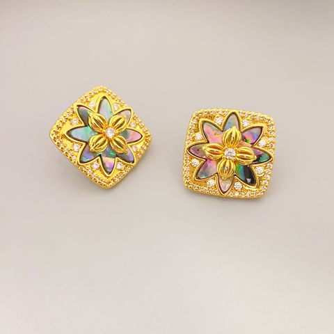 IG Style Simple Style Square Flower Brass Inlay Shell Zircon Women's Ear Studs 1 Pair