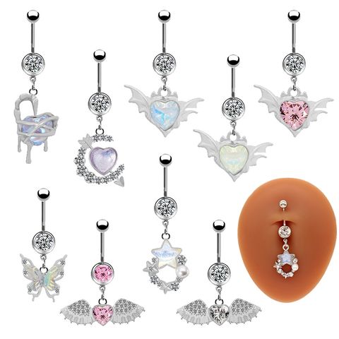 1 Piece Belly Rings Cute Pastoral Simple Style Star Heart Shape Wings Stainless Steel Alloy Plating Inlay Acrylic Rhinestones Glass White Gold Plated