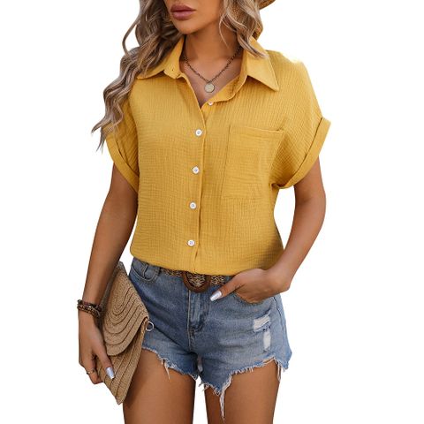 Women's Blouse Short Sleeve Blouses Pocket Vacation Solid Color