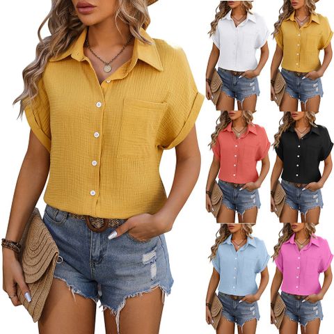 Women's Blouse Short Sleeve Blouses Pocket Vacation Solid Color