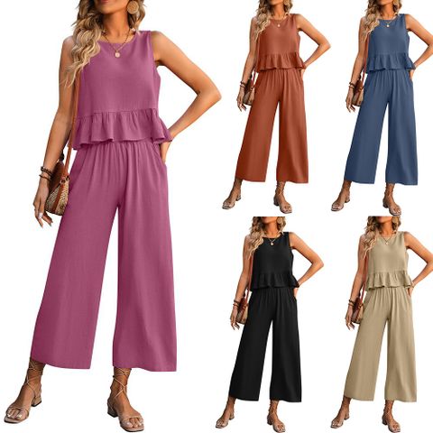 Holiday Daily Women's Vintage Style Bohemian Solid Color Cotton And Linen Button Pants Sets Pants Sets