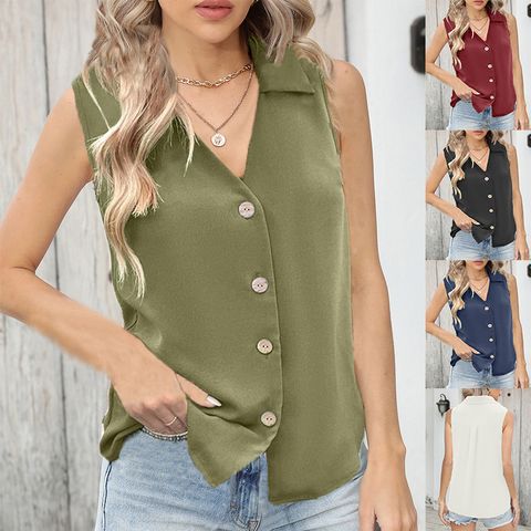 Women's Blouse Sleeveless Tank Tops Button Vacation Solid Color