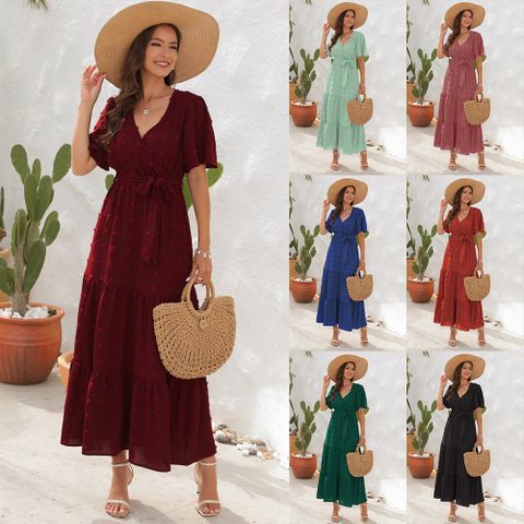 Women's Regular Dress Vacation V Neck Pom Poms Short Sleeve Printing Solid Color Maxi Long Dress Daily