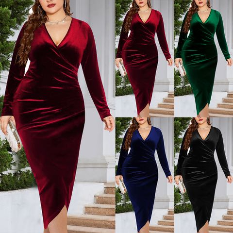 Regular Dress Elegant Modern Style V Neck Long Sleeve Solid Color Midi Dress Banquet Cocktail Party