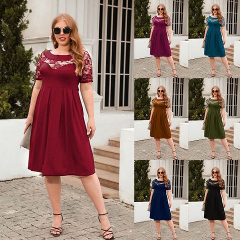 Regular Dress Elegant Modern Style Round Neck Lace Short Sleeve Solid Color Knee-Length Daily