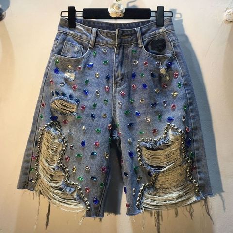 Women's Daily Casual Streetwear Solid Color Knee Length Beaded Diamond Jeans Shorts