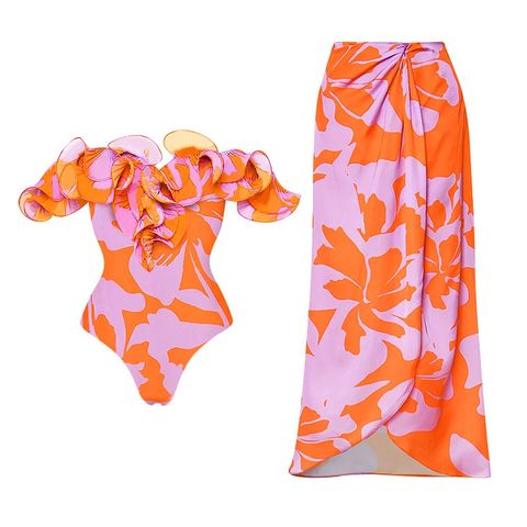 Women's Elegant Hawaiian Color Block 2 Pieces Set One Piece Swimwear