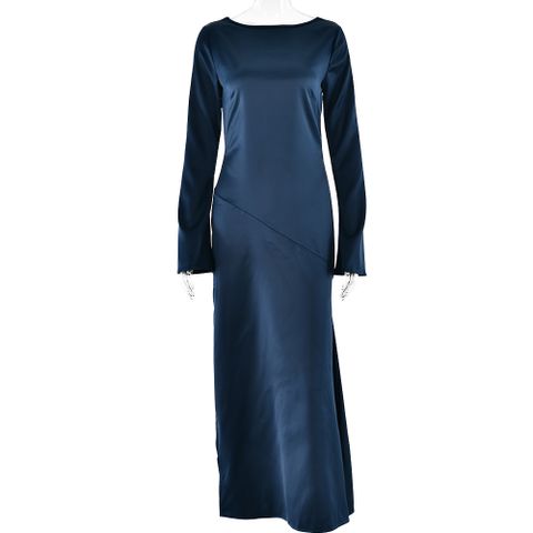 Women's Sheath Dress Streetwear Round Neck Backless Long Sleeve Solid Color Maxi Long Dress Selfie