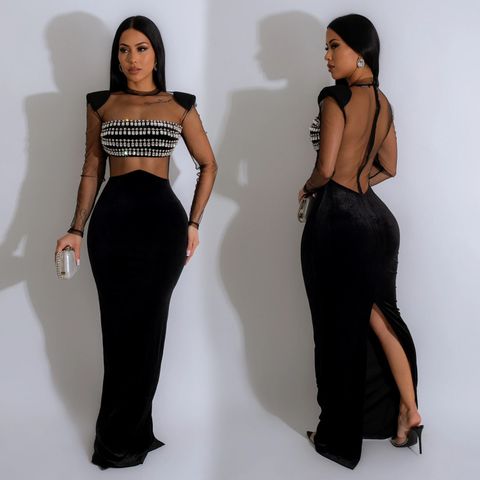 Women's Regular Dress Simple Style Collarless Diamond Long Sleeve Solid Color Maxi Long Dress Holiday Daily