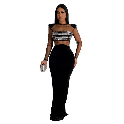 Women's Regular Dress Simple Style Collarless Diamond Long Sleeve Solid Color Maxi Long Dress Holiday Daily