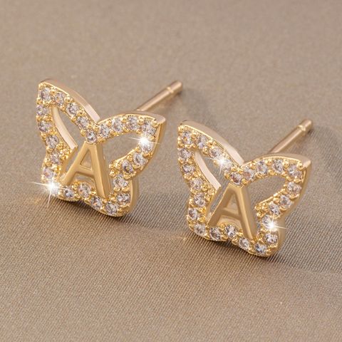 Elegant Simple Style Letter Butterfly Copper Plating Ear Studs 1 Pair