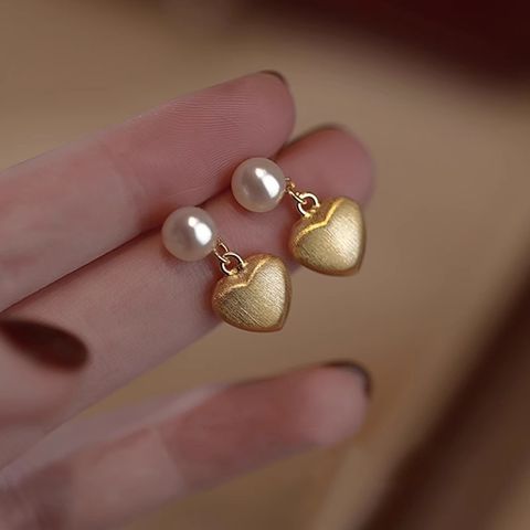 Sweet Heart Shape Copper Plating Inlay Freshwater Pearl Drop Earrings 1 Pair