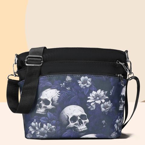Women's Oxford Cloth Flower Ghost Punk Zipper Shoulder Bag