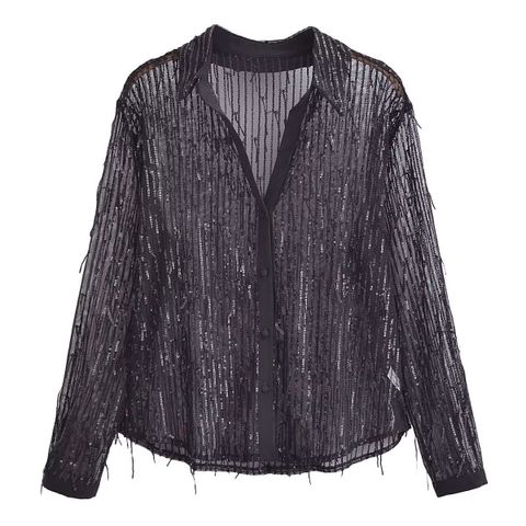 Women's Blouse Long Sleeve Blouses Sequins Tassel See-Through Vintage Style Solid Color