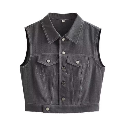 Women's Vintage Style Solid Color Pocket Single Breasted Vest Casual Jacket