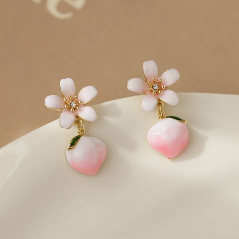 Sweet Simple Style Peach Flower Copper Zircon Drop Earrings 1 Pair