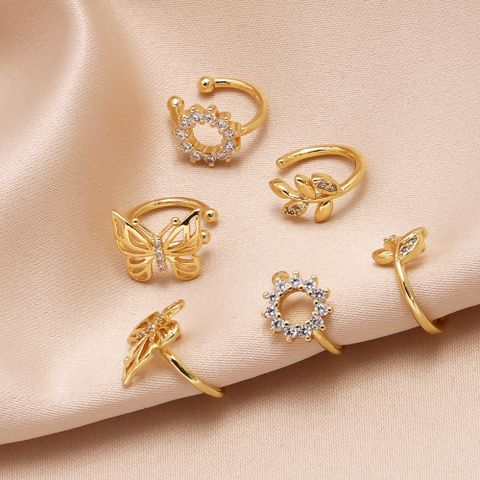 1 Pair Simple Style Leaf Sunflower Butterfly Inlay Copper Zircon 18K Gold Plated Ear Cuffs