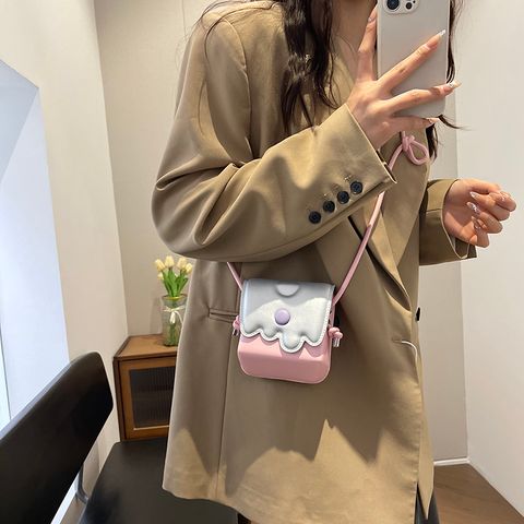 Women's Pu Cartoon Solid Color Cute Sewing Thread Flip Cover Crossbody Bag