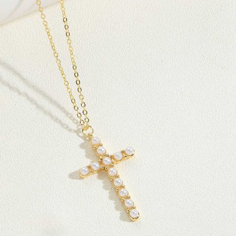 Simple Style Cross Chili Imitation Pearl Shell Copper Inlay Zircon 14K Gold Plated Women's Pendant Necklace
