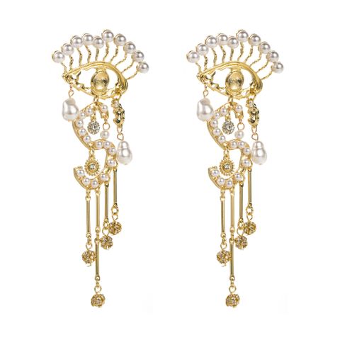 1 Pair Retro Luxurious Round Eye Plating Inlay Alloy Resin Rhinestones Pearl Gold Plated Drop Earrings