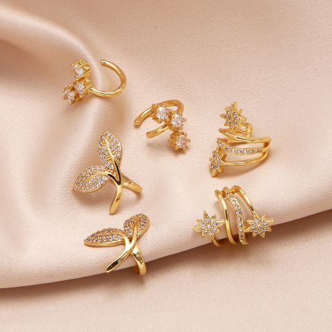 1 Pair Elegant Simple Style Leaf Star Copper Zircon 18K Gold Plated Ear Cuffs
