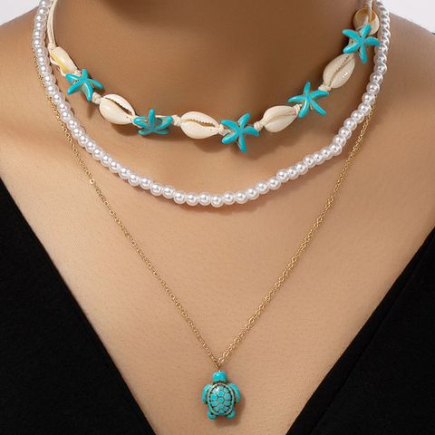 Beach Tortoise Synthetic Resin Shell Beaded Women's Three Layer Necklace Necklace