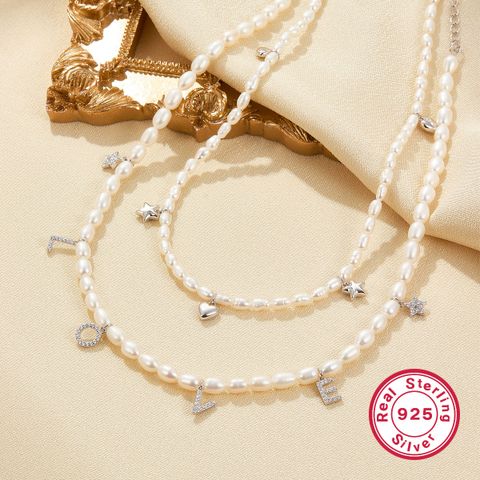 Elegant Brief Perlen Barocke Perlen Sterling Silber Weißgold Plattiert Künstlicher Diamant Perle Perlen Halsband In Masse