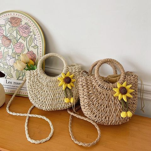 Women's Braid Solid Color Flower Beach Sewing Thread String Handbag