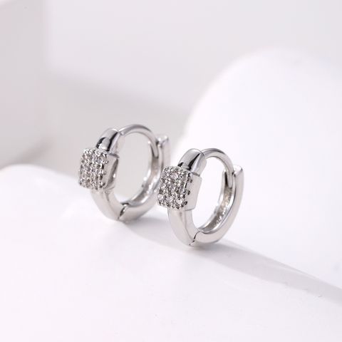 1 Pair Elegant Simple Style Square Copper Zircon White Gold Plated Hoop Earrings