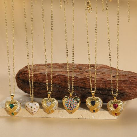 Copper 14K Gold Plated Vintage Style Simple Style Commute Heart Shape Enamel Inlay Zircon Pendant Necklace