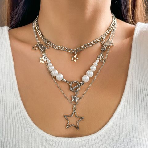 Cute Sweet Star Imitation Pearl Alloy Women's Three Layer Necklace