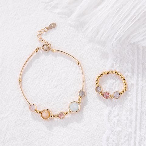 Copper 14K Gold Plated Elegant Simple Style Round Beaded Plating Inlay Crystal Rings Bracelets