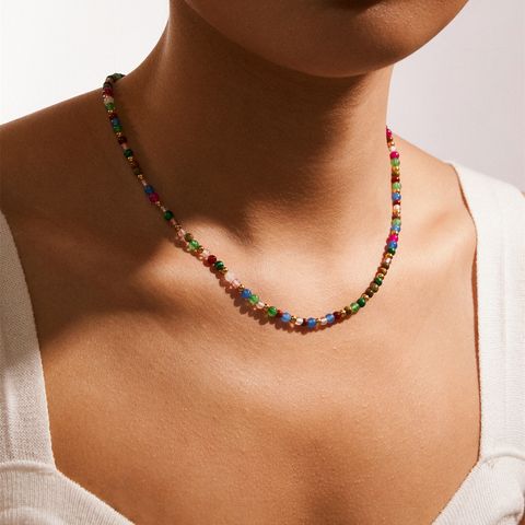 Bohemian Color Block Glass Titanium Steel Beaded Women's Necklace