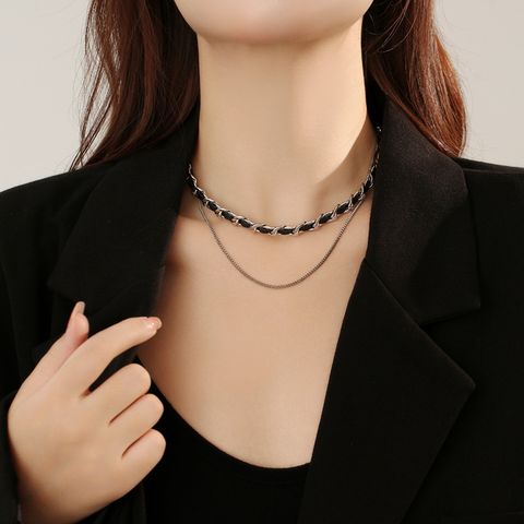 Simple Style Solid Color Pu Leather Titanium Steel Plating Women's Layered Necklaces 1 Piece