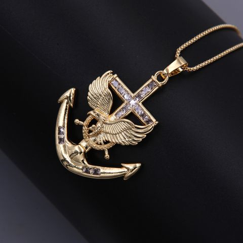 Hip-Hop Cool Style Anchor Eagle Copper Inlay Zircon 18K Gold Plated Unisex Pendant Necklace