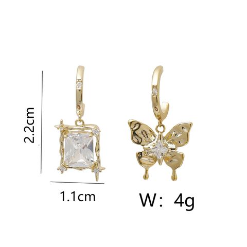 1 Pair Casual Vintage Style Hawaiian Butterfly Rectangle Asymmetrical Inlay Copper Zircon 18K Gold Plated Drop Earrings Ear Studs