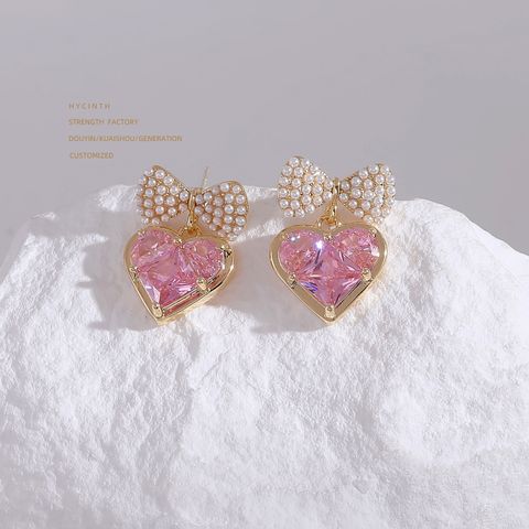 1 Pair Elegant Sweet Shiny Heart Shape Bow Knot Inlay Copper Pearl Zircon 18K Gold Plated Drop Earrings Ear Cuffs