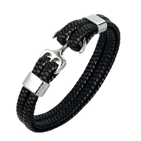 Simple Style Plaid Anchor Stainless Steel Pu Leather Leather Braid None None Couple Wristband
