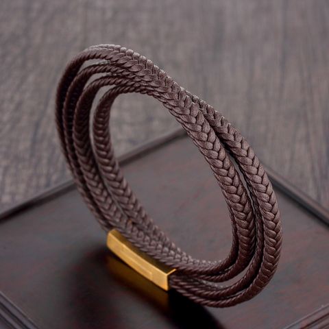 Hip-Hop Vintage Style Simple Style Solid Color Stainless Steel Pu Leather Leather None 18K Gold Plated Men's Bracelets