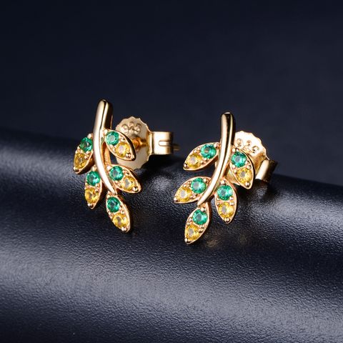 1 Pair Simple Style Leaf Plating Inlay Sterling Silver Zircon Gold Plated Ear Studs