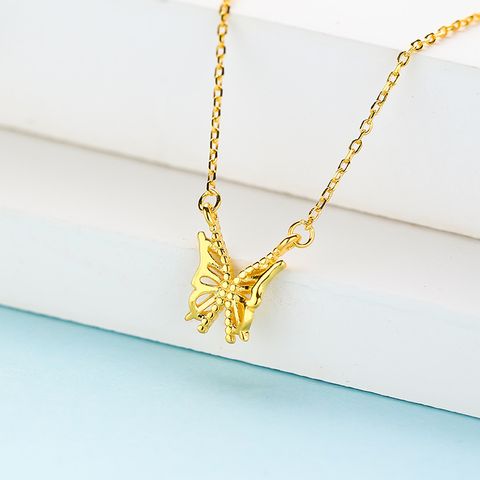 Sterling Silver 18K Gold Plated Simple Style Butterfly Hollow Out Necklace