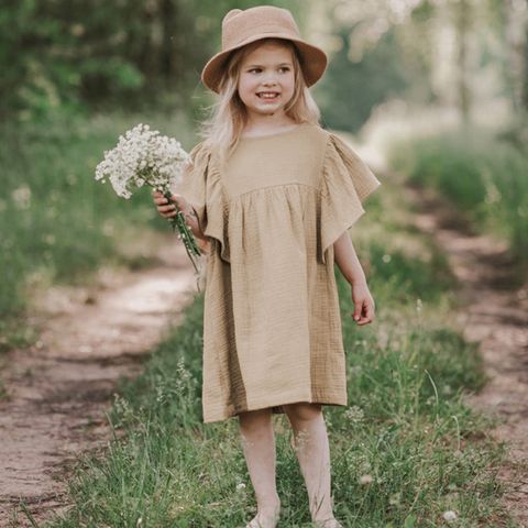 Casual Solid Color Cotton And Linen Girls Dresses