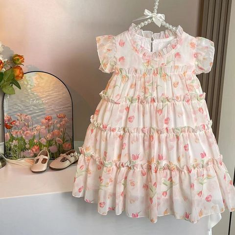 Princesa Floral Ditsy Cordón Lazo Poliéster Vestidos Para Niñas