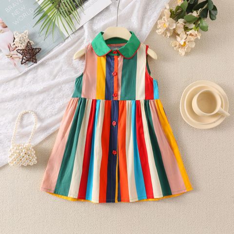 Cute Tie Dye Simple Lines Pleated Ruched Cotton Blend Girls Dresses