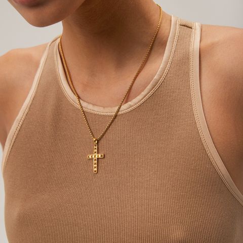 Stainless Steel 18K Gold Plated IG Style Cross Rivet Pendant Necklace