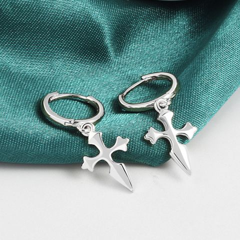 1 Pair Retro Simple Style Cross Copper Silver Plated Drop Earrings
