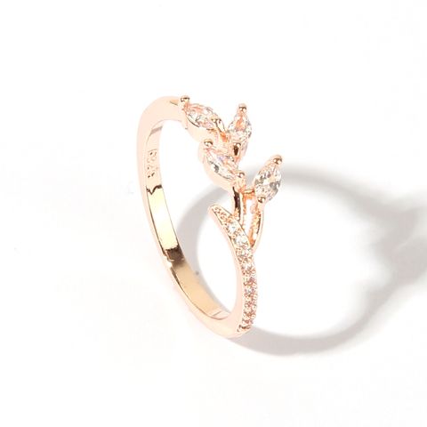 Wholesale Elegant Shiny Leaves Copper Transparent Inlay Rose Gold Plated Zircon Rings