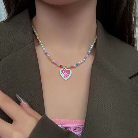 IG Style Sweet Heart Shape Flower Beaded Women's Pendant Necklace 1 Piece