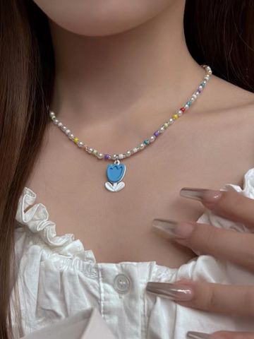 IG Style Sweet Heart Shape Flower Beaded Women's Pendant Necklace 1 Piece