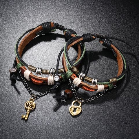 Retro Key Lock Pu Leather Alloy Wax Line Knitting Couple Bracelets